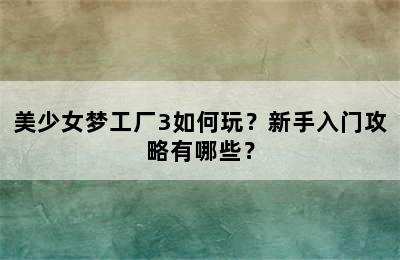 美少女梦工厂3如何玩？新手入门攻略有哪些？