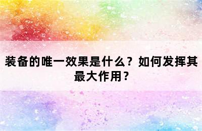 装备的唯一效果是什么？如何发挥其最大作用？