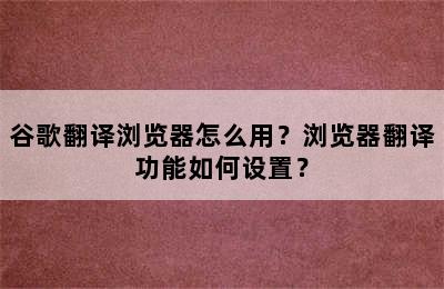 谷歌翻译浏览器怎么用？浏览器翻译功能如何设置？