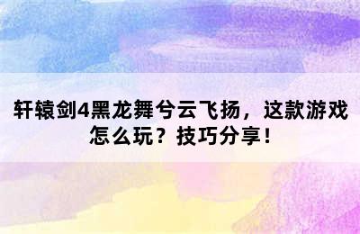 轩辕剑4黑龙舞兮云飞扬，这款游戏怎么玩？技巧分享！