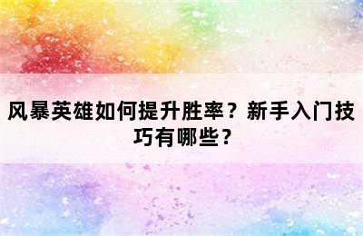 风暴英雄如何提升胜率？新手入门技巧有哪些？