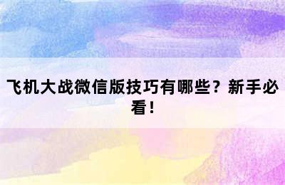 飞机大战微信版技巧有哪些？新手必看！