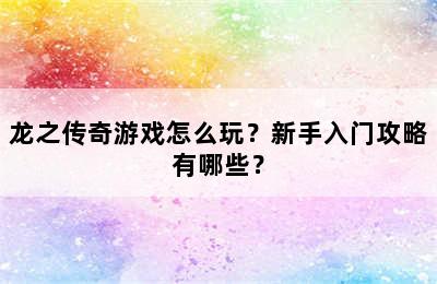 龙之传奇游戏怎么玩？新手入门攻略有哪些？