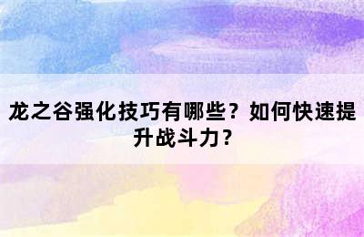 龙之谷强化技巧有哪些？如何快速提升战斗力？